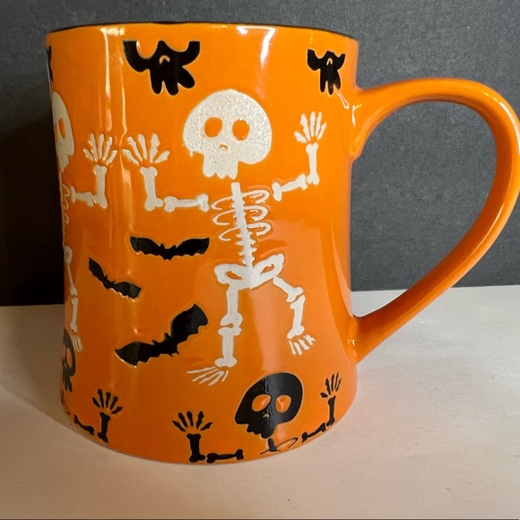 Halloween Ceramic Happy Boo Orange Mug Skeletons Bats Black White - Picture 4 of 6